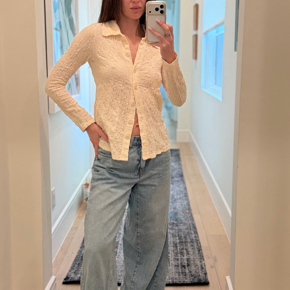 Mango Textured Cream Button-Up Shirt